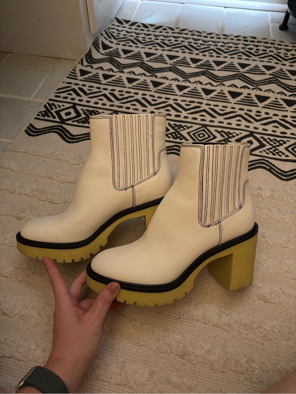 Dolce Vita Cream Ankle Boots with Yellow Block Heel
